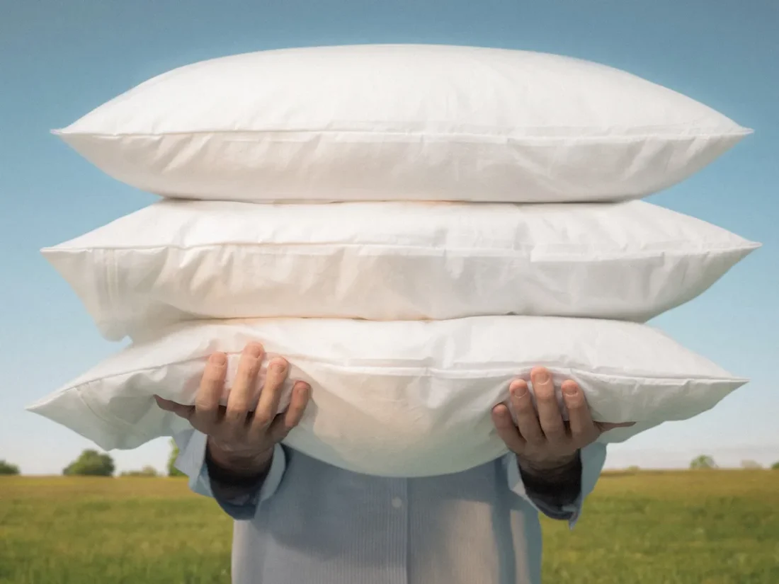 En man står på en grön äng med utsträckta händer framför sig. I händerna har han en hög med tre vita kuddar som täcker ansiktet